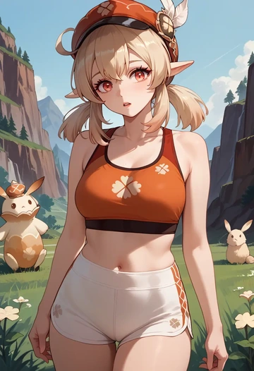 genshin impact,klee_(genshin_impact),tankini top,board shorts  - AI generated anime art