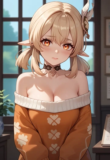 genshin impact,klee_(genshin_impact),orange,sweater,choker  - AI generated anime art