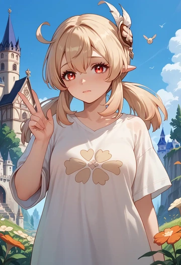 genshin impact,klee_(genshin_impact),tie-dye shirt,dolphin shorts  - AI generated anime art