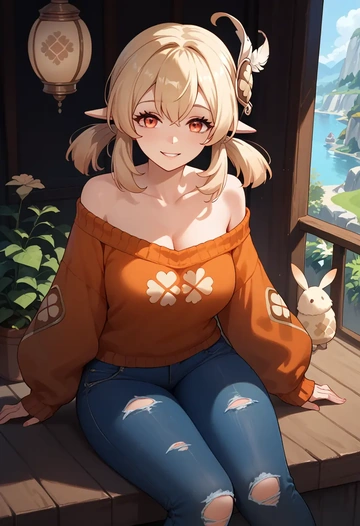 genshin impact,klee_(genshin_impact),sweater,off-shoulder,ripped jeans  - AI generated anime art