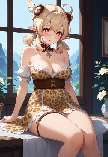 genshin impact,klee_(genshin_impact),leopard print,silk slip dress  - AI generated anime art