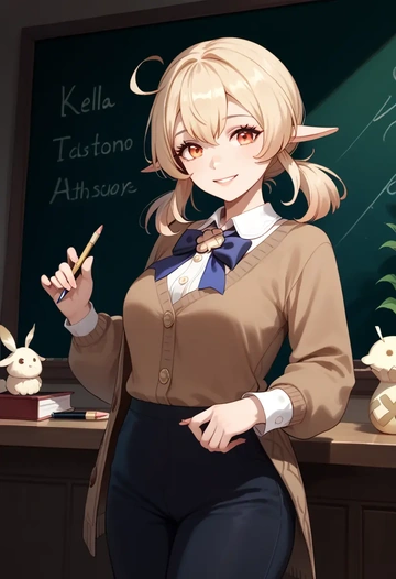 genshin impact,klee_(genshin_impact),teacher, sweater  - AI generated anime art