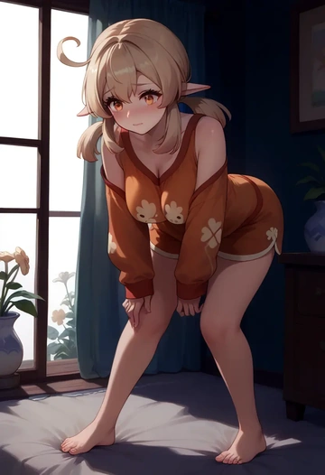 genshin impact,klee_(genshin_impact),pajamas, low-waisted shorts  - AI generated anime art