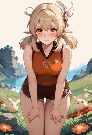 genshin impact,klee_(genshin_impact),sleeveless swim top,shorts-style bottom,contrast stitching  - AI generated anime art