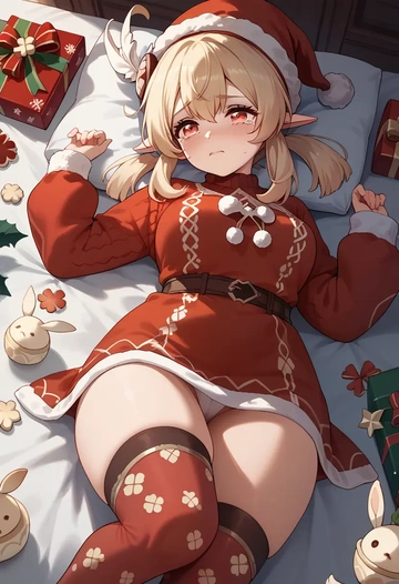 genshin impact,klee_(genshin_impact),Christmas,sweater dress,stockings  - AI generated anime art