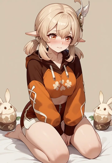 genshin impact,klee_(genshin_impact),crop hoodie,shorts  - AI generated anime art