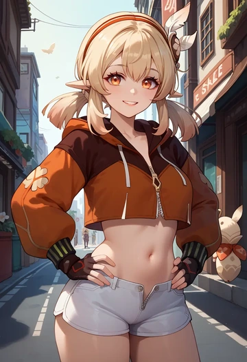 genshin impact,klee_(genshin_impact),crop hoodie,shorts  - AI generated anime art