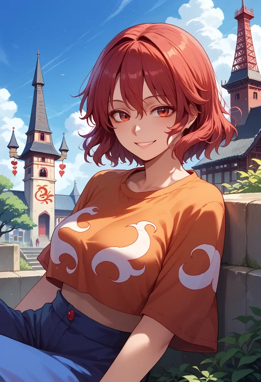 touhou,koakuma,cropped graffiti sweatshirt,dolphin shorts  - 