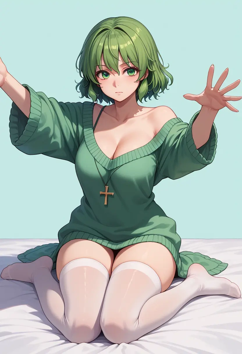 touhou,kochiya_sanae,cross-legged,off-shoulder,sweater,stockings  - 