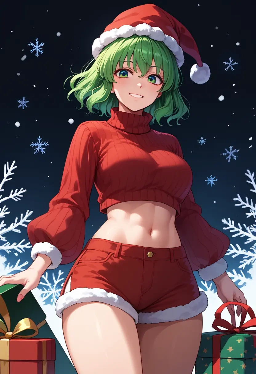 touhou,kochiya_sanae,Christmas,red velvet shorts,turtleneck sweater  - 