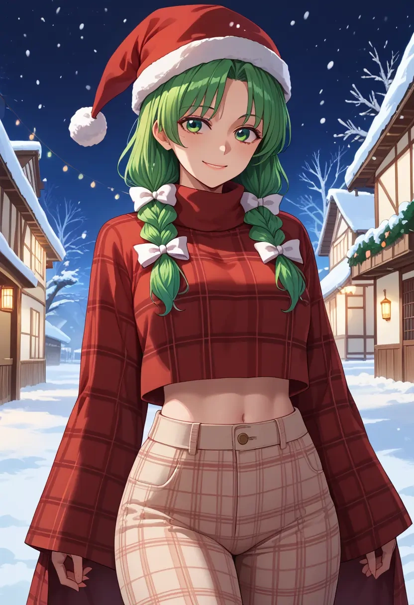 touhou,kochiya_sanae,Christmas,plaid trousers  - 