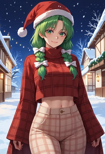 touhou,kochiya_sanae,Christmas,plaid trousers  - AI generated anime art