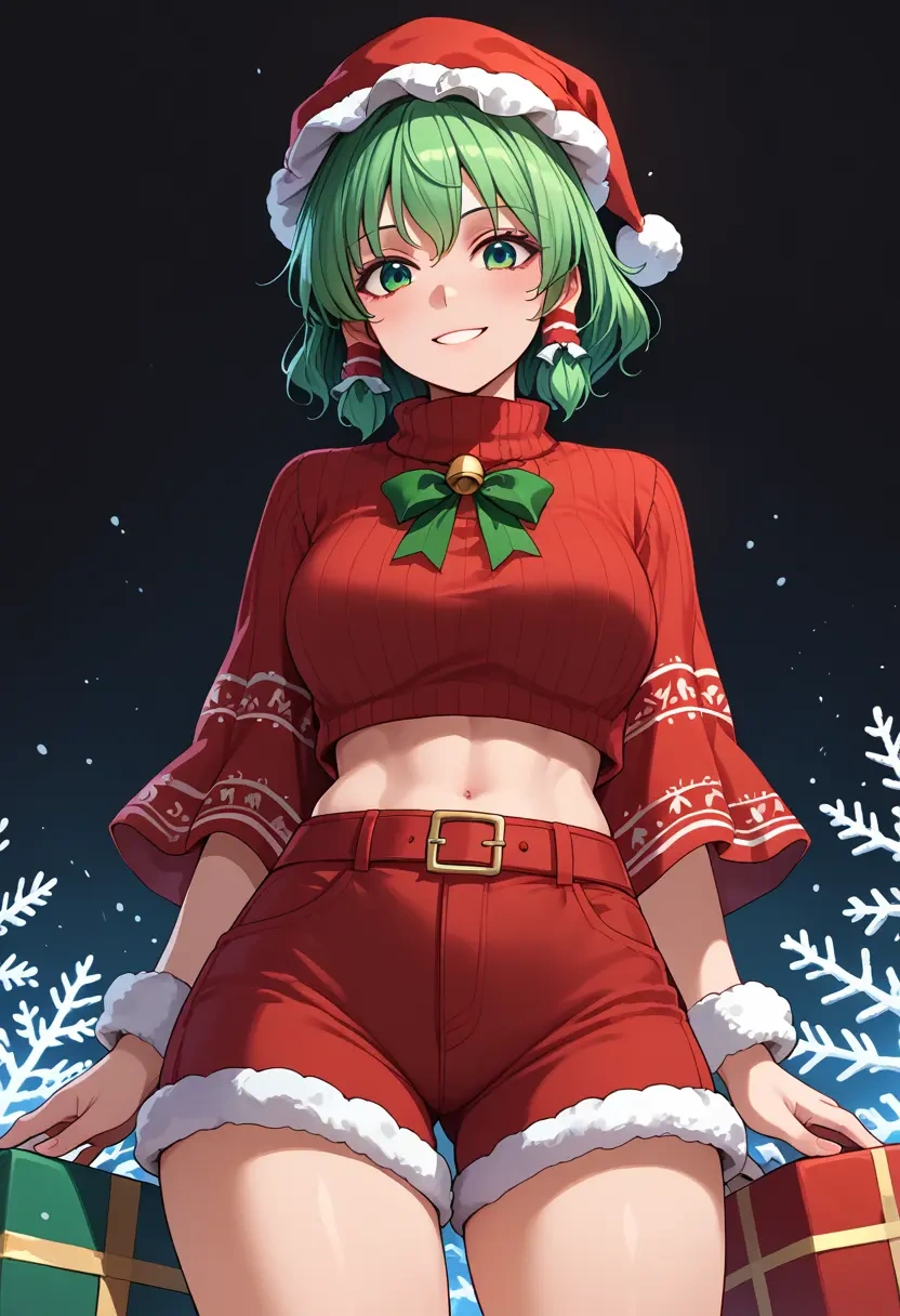 touhou,kochiya_sanae,Christmas,red velvet shorts,turtleneck sweater  - 