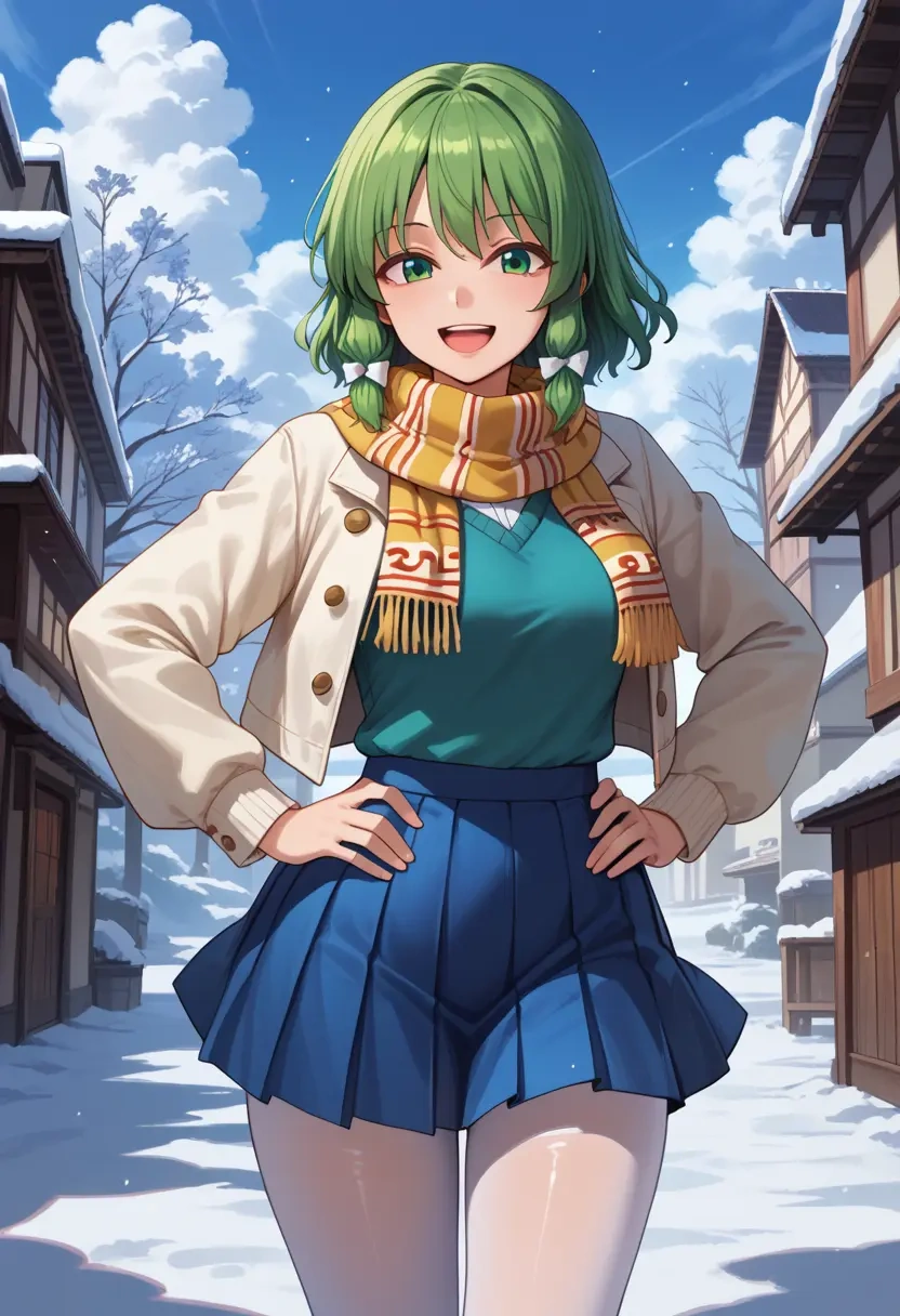 touhou,kochiya_sanae,winter,student uniform,puffer jacket  - 