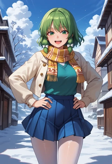 touhou,kochiya_sanae,winter,student uniform,puffer jacket  - AI generated anime art