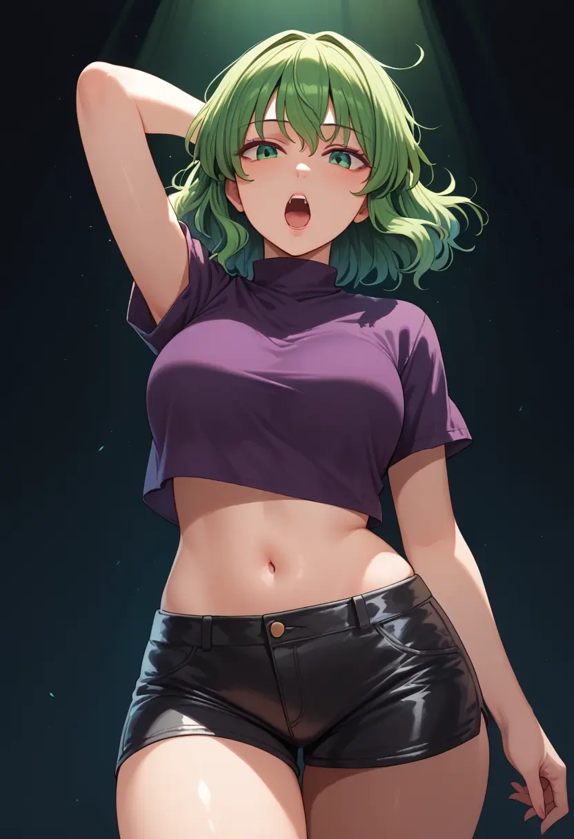 touhou,kochiya_sanae,leather,shorts,crop top  - 