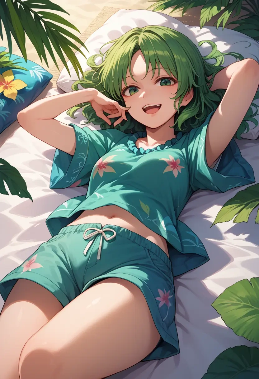 touhou,kochiya_sanae,graphic tee,shorts,sneakers  - 