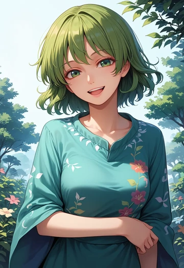 touhou,kochiya_sanae,handwritten script shirt,dolphin shorts  - AI generated anime art