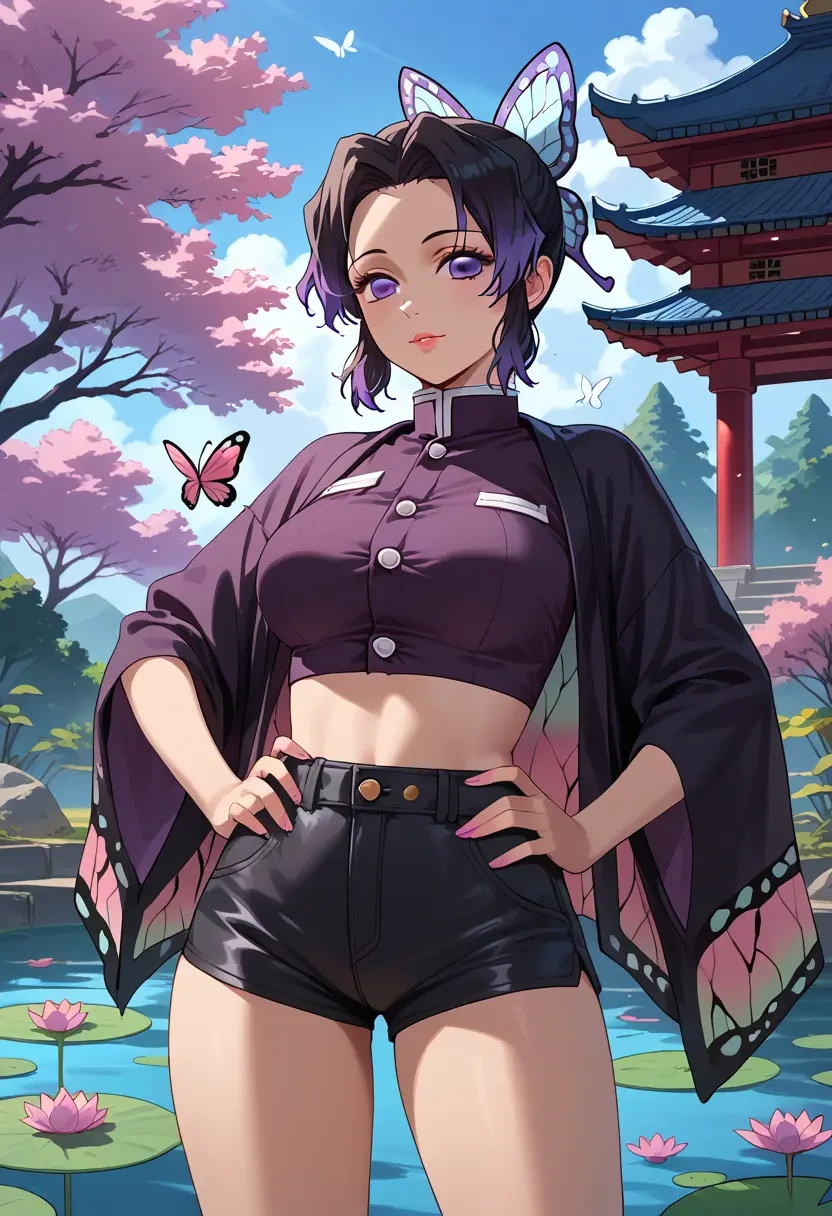 kimetsu_no_yaiba,kochou_shinobu,leather,shorts,crop top  - 