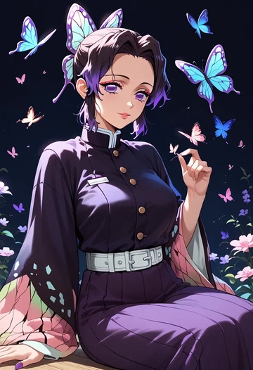 kimetsu_no_yaiba,kochou_shinobu,witch blouse,asymmetrical skirt,striped stockings  - AI generated anime art