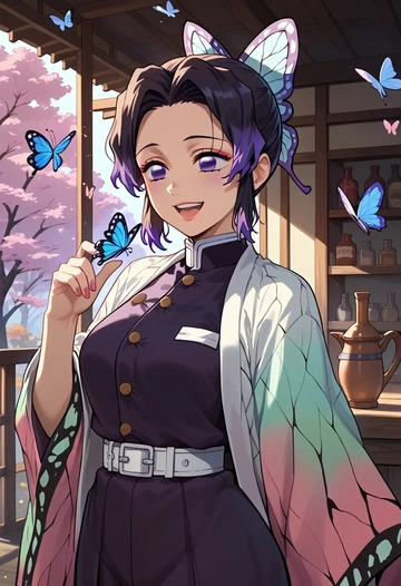 kimetsu_no_yaiba,kochou_shinobu,graphic tee,dolphin shorts  - AI generated anime art