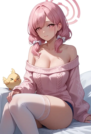 blue_archive,koharu_(swimsuit)_(blue_archive),cross-legged,Head resting on hand,off-shoulder,sweater  - AI generated anime art