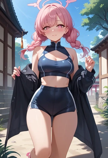 blue_archive,koharu_(swimsuit)_(blue_archive),leather,shorts,crop top  - AI generated anime art