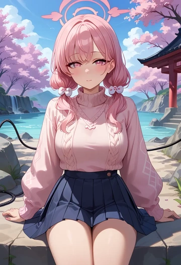 blue_archive,koharu_(swimsuit)_(blue_archive),sweater,cropped,pleated midi skirt  - AI generated anime art