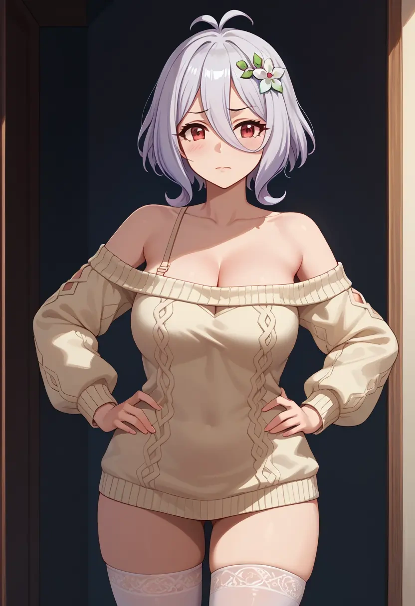 princess_connect!,kokkoro_(princess_connect!),Hands on hips,off-shoulder,sweater,stockings  - 