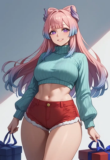 genshin impact,kokomi,Christmas,red velvet shorts,turtleneck sweater  - AI generated anime art