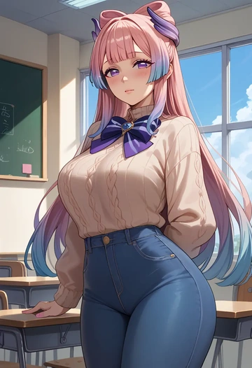 genshin impact,kokomi,teacher, sweater, jeans shorts  - AI generated anime art