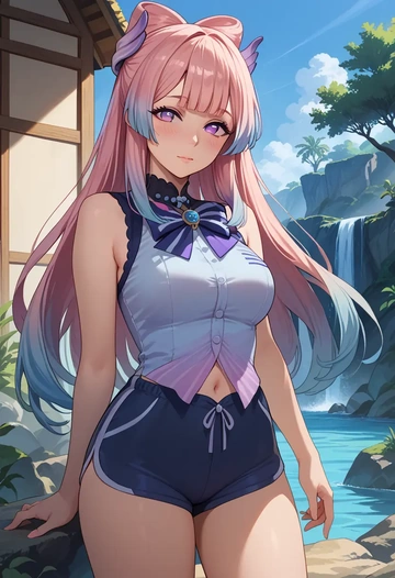 genshin impact,kokomi,sleeveless swim top,shorts-style bottom,contrast stitching  - AI generated anime art