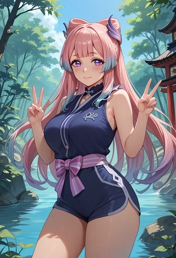 genshin impact,kokomi,sleeveless swim top,shorts-style bottom,contrast stitching  - AI generated anime art