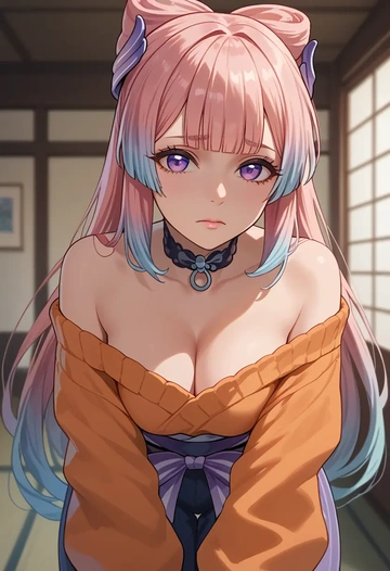 genshin impact,kokomi,orange,sweater,choker  - AI generated anime art