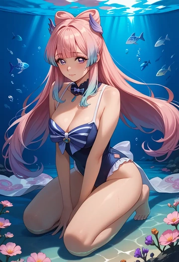 genshin impact,kokomi,retro style swimsuit,frilled neckline,bow detail  - AI generated anime art