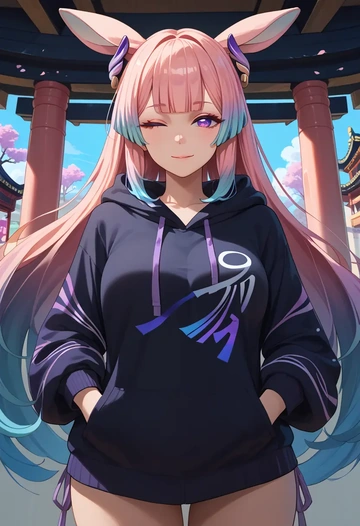 genshin impact,kokomi,oversized graphic hoodie,thigh-high socks,shorts  - AI generated anime art