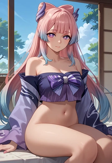 genshin impact,kokomi,off-shoulder top,dolphin shorts  - AI generated anime art