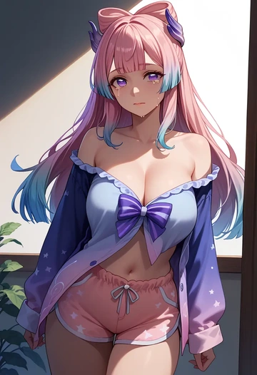 genshin impact,kokomi,pajamas, low-waisted shorts  - AI generated anime art