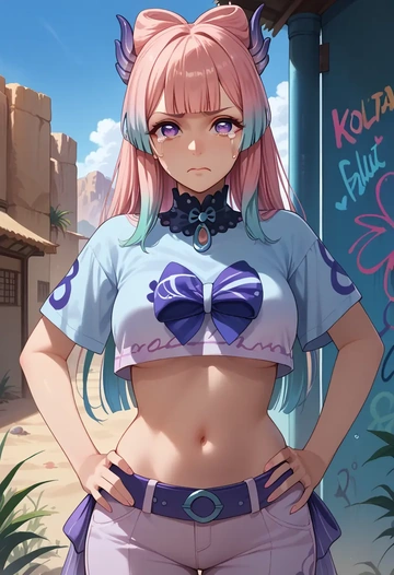 genshin impact,kokomi,cropped graffiti sweatshirt,dolphin shorts  - AI generated anime art