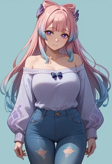 genshin impact,kokomi,sweater,off-shoulder,ripped jeans  - AI generated anime art