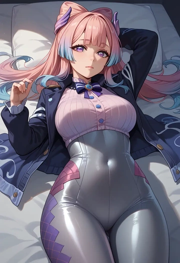 genshin impact,kokomi,denim jacket,cropped,leather leggings  - AI generated anime art