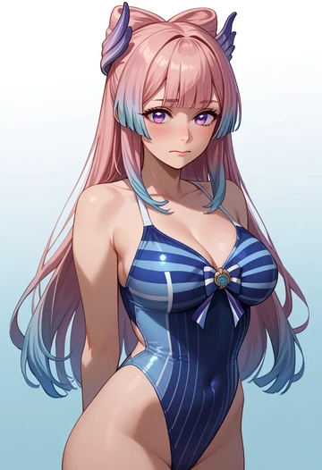 genshin impact,kokomi,racerback swimsuit,striped trim,name tag patch  - AI generated anime art