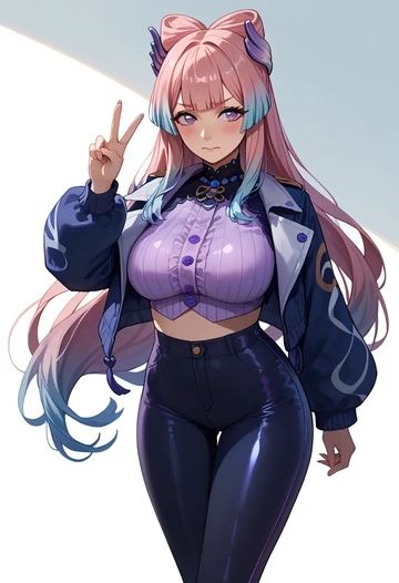 genshin impact,kokomi,denim jacket,cropped,leather leggings  - AI generated anime art