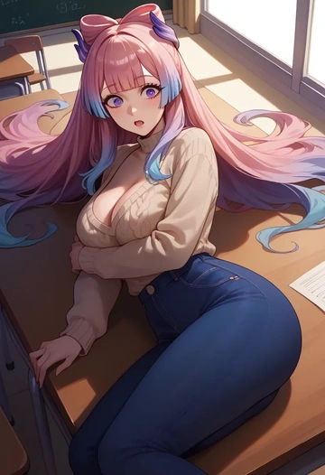 genshin impact,kokomi,teacher, sweater, jeans shorts  - AI generated anime art