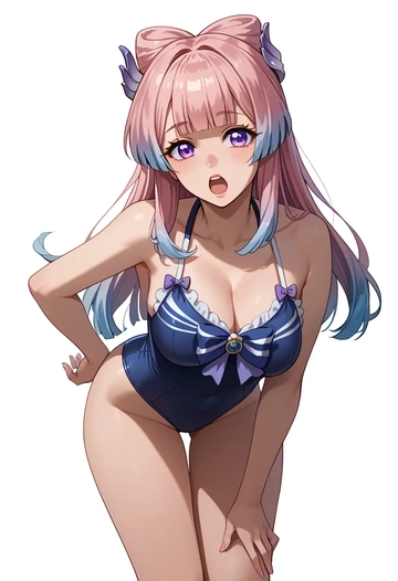 genshin impact,kokomi,retro style swimsuit,frilled neckline,bow detail  - AI generated anime art