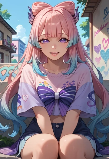 genshin impact,kokomi,cropped graffiti sweatshirt,dolphin shorts  - AI generated anime art