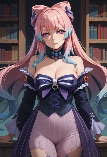 genshin impact,kokomi,vampire corset,lace blouse,velvet skirt  - AI generated anime art