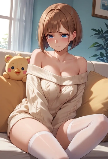 to_heart_(series),komaki_manaka,Pouting ,Teary-eyed,off-shoulder,sweater  - AI generated anime art