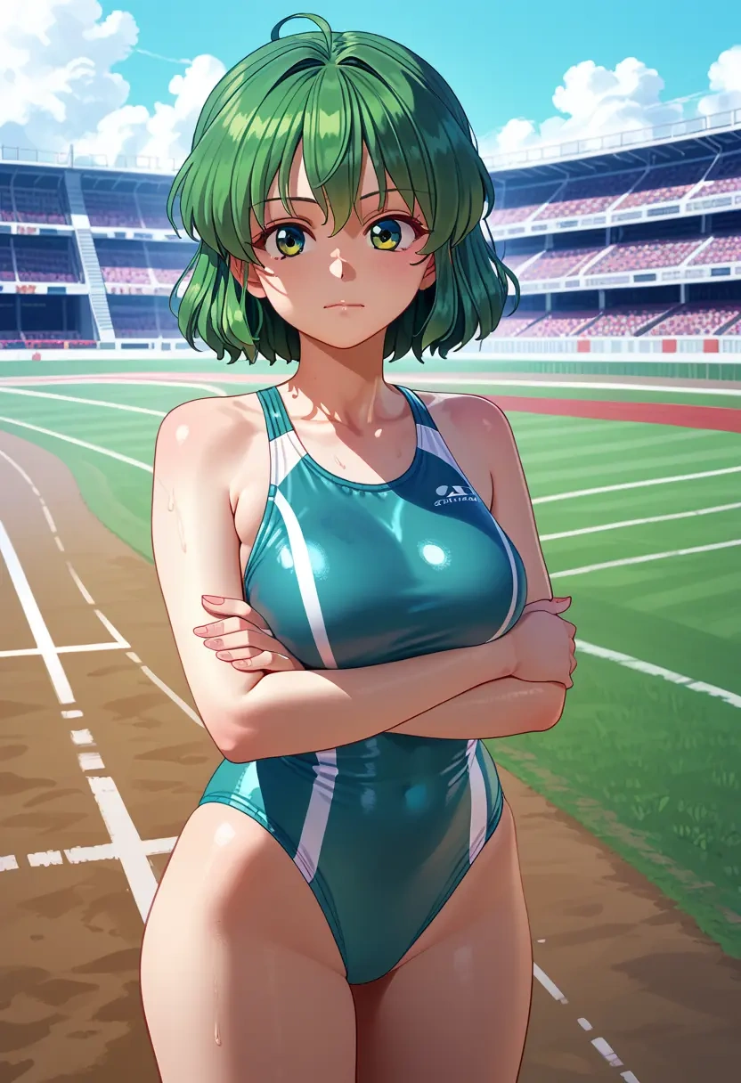 touhou,komano_aunn,retro style swimsuit,frilled neckline,bow detail  - 