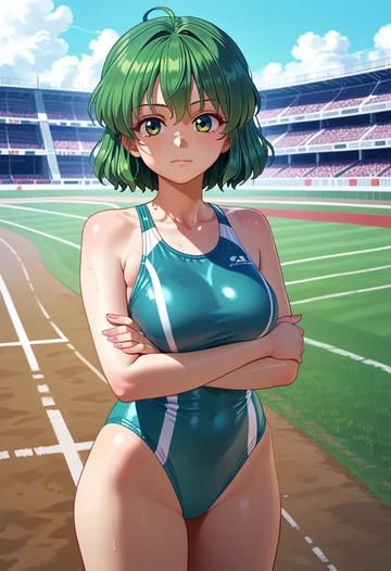 touhou,komano_aunn,retro style swimsuit,frilled neckline,bow detail  - AI generated anime art